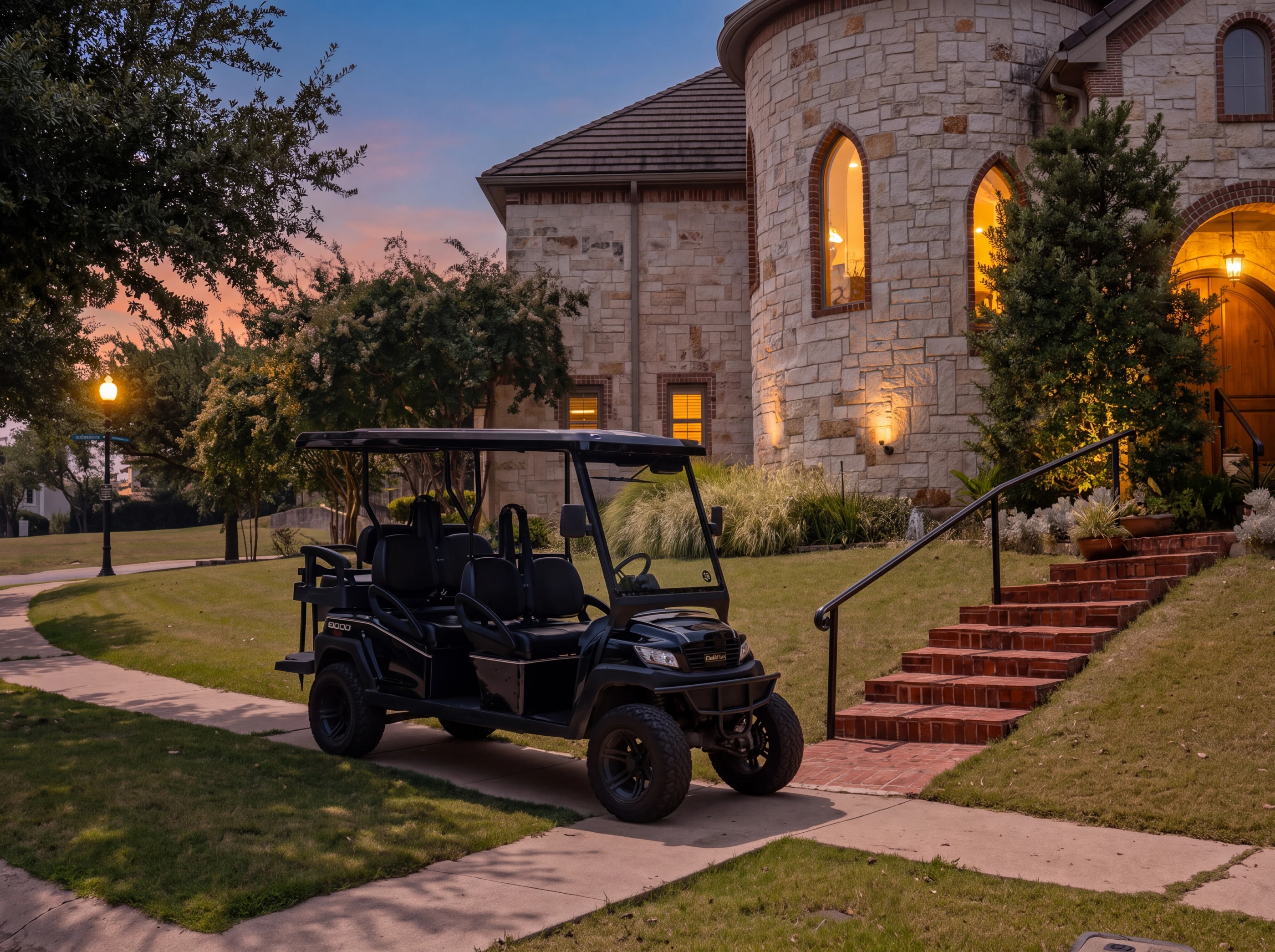 Golf cart parked at the front walk at dusk