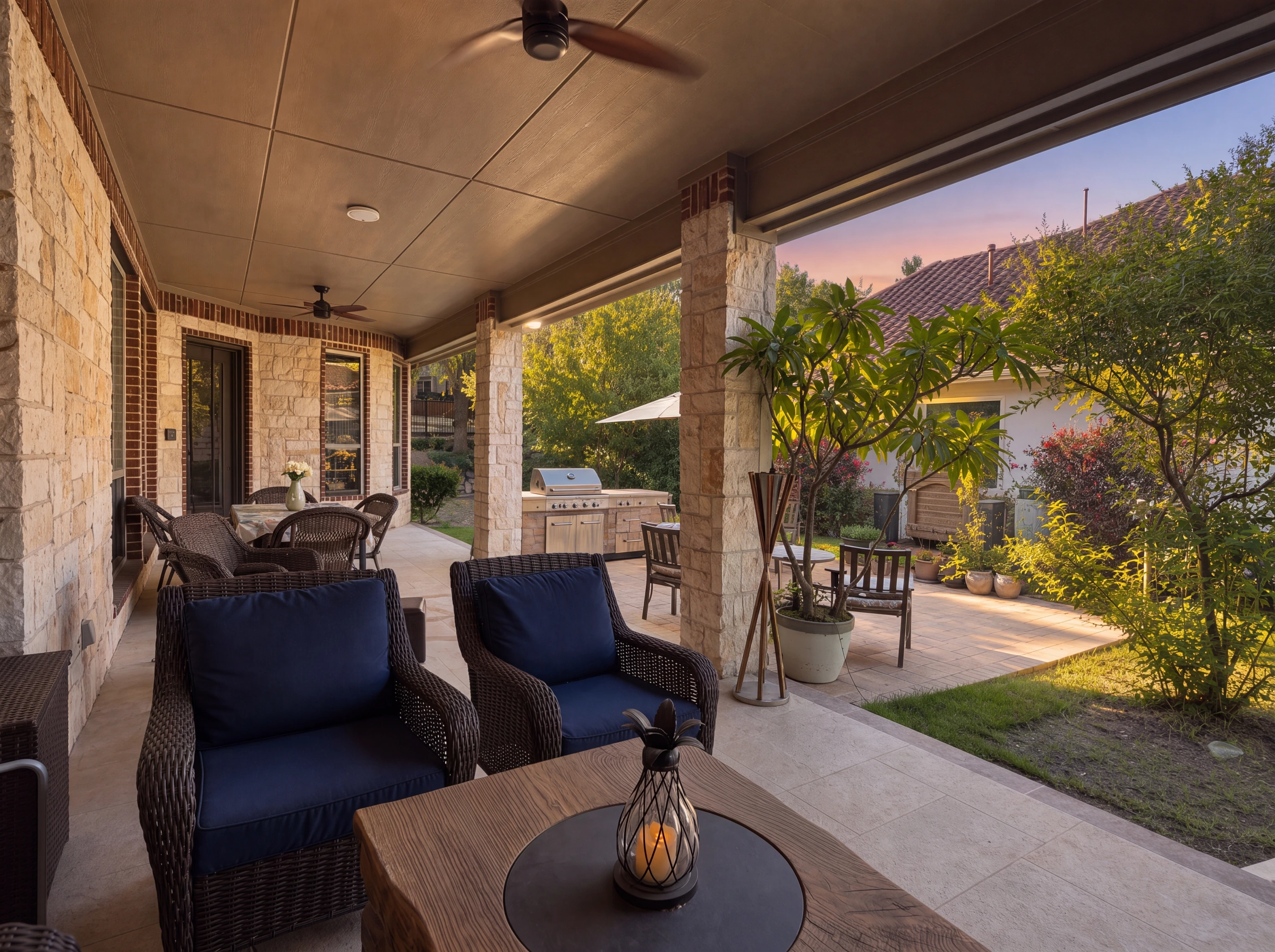 Covered patio and stone terrace