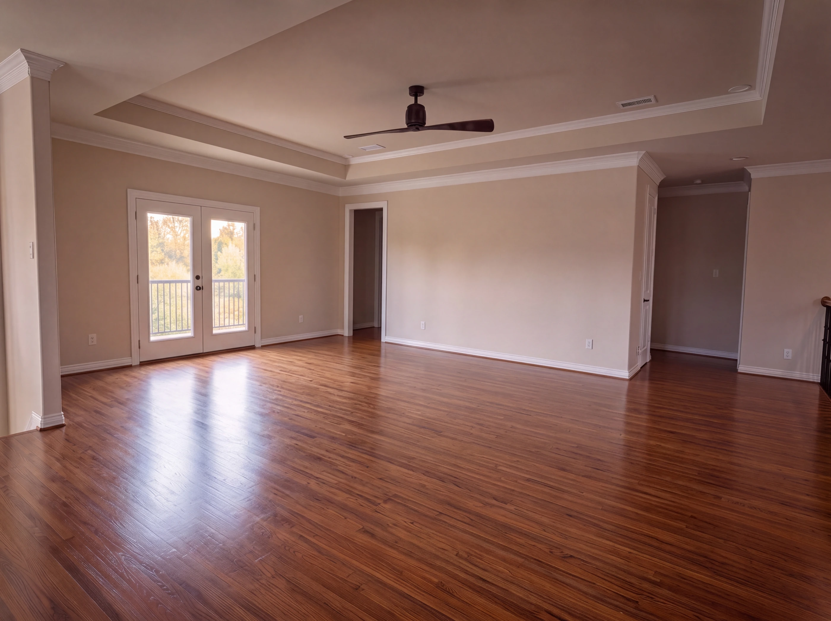 Upstairs game room with hardwood floors and French doors to the balcony